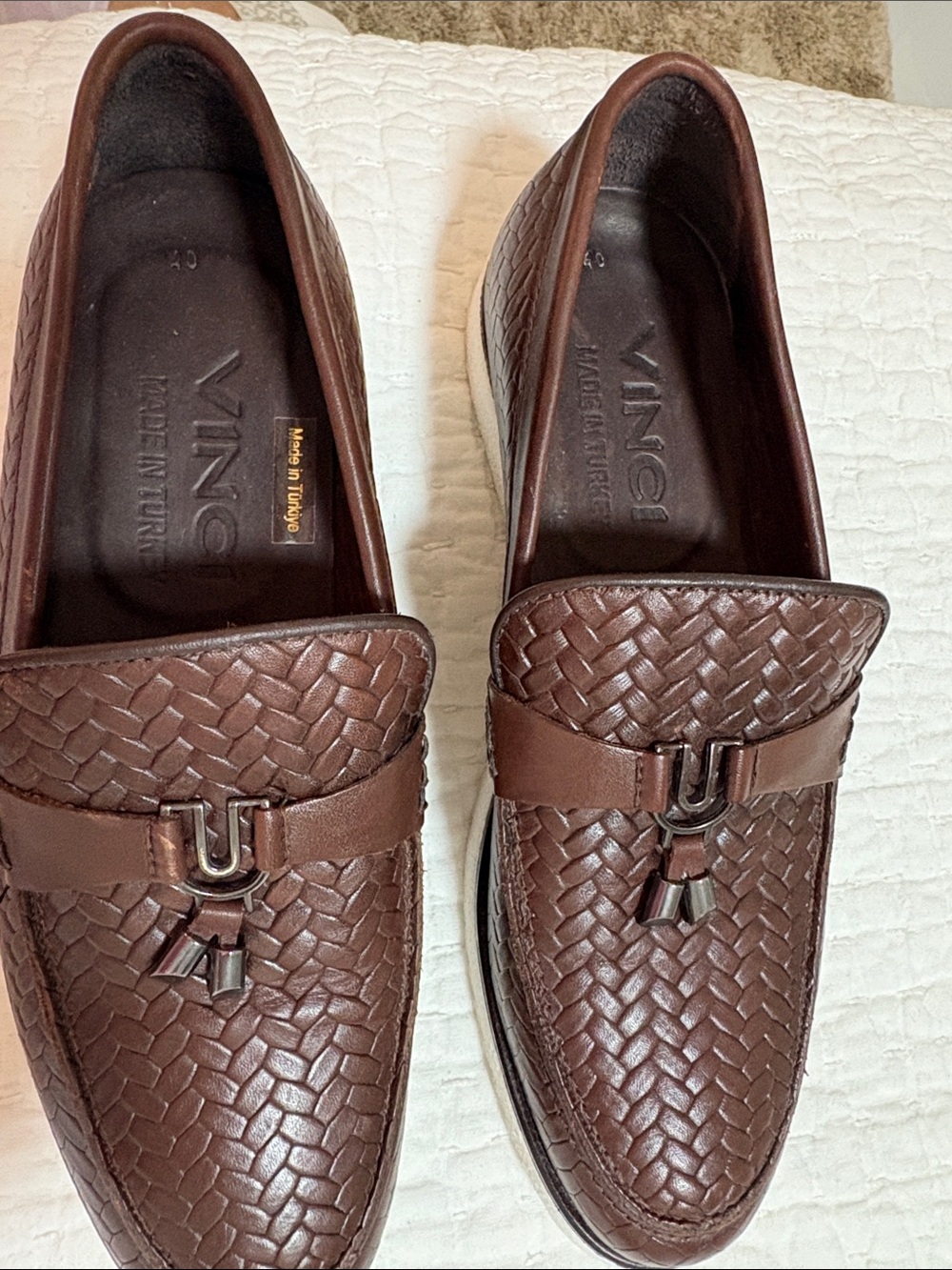 Vince Brown Woven Leather Tassel Slip-On Loafers